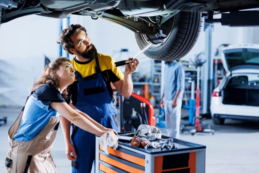 Mechanics,Collaborating,On,Servicing,Broken,Vehicle,,Checking,For,Faulty,Tires.