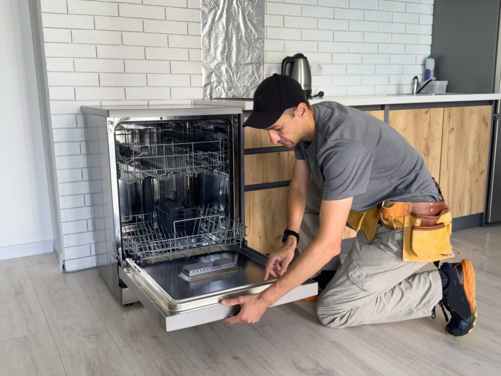 Young,Repairman,Service,Worker,Repairing,Dishwasher,Appliance,In,Kitchen